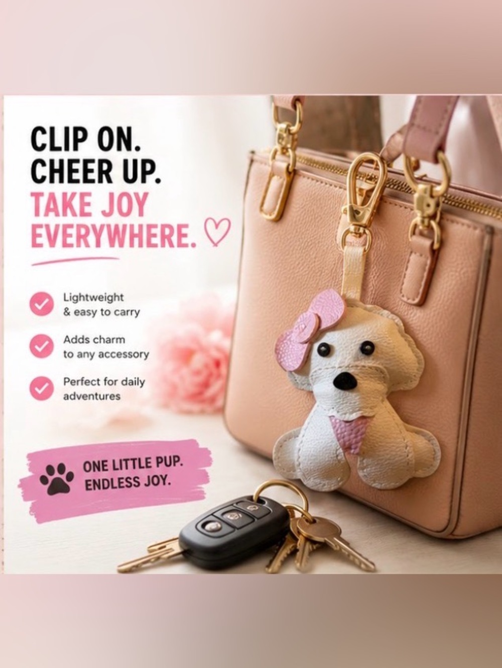 White Faux-Leather Dog puppy bag Charm key chain w/ Pink Bow NWT